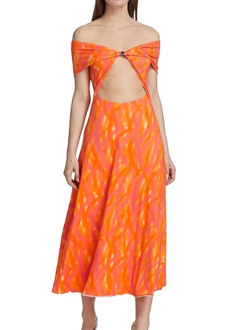NEW Rotate Birger Christensen Printed Off Shoulder Midi Dress Orange Pink Size 2